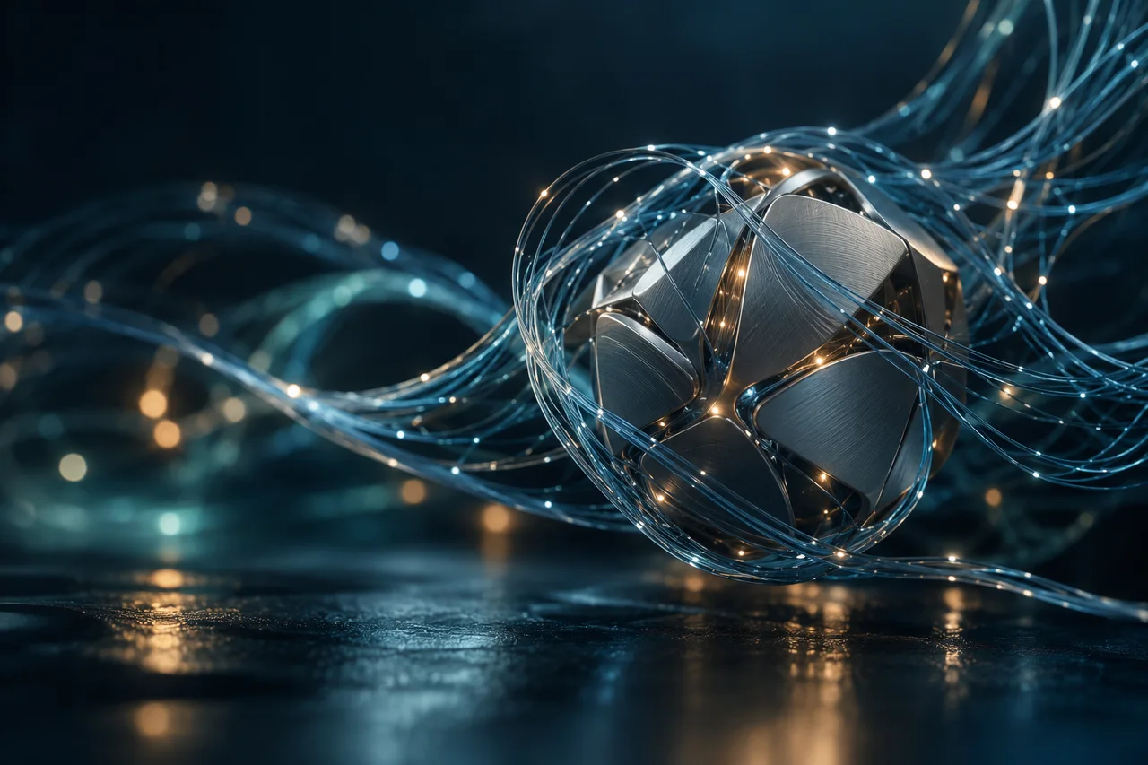 Fibras ópticas e pontos de luz ligam-se a um núcleo metálico, numa representação conceptual de inteligência aplicada.